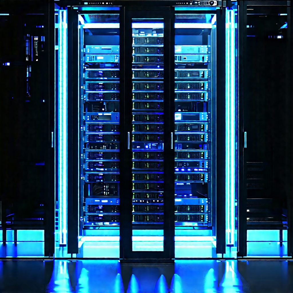 Server rack with blue light (glow:1.35)