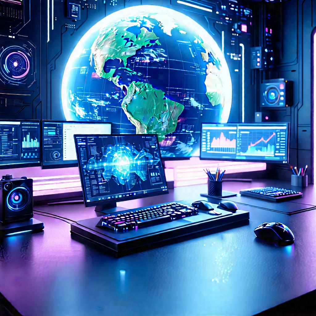 Futuristic Digital Workspace With Computer Desk