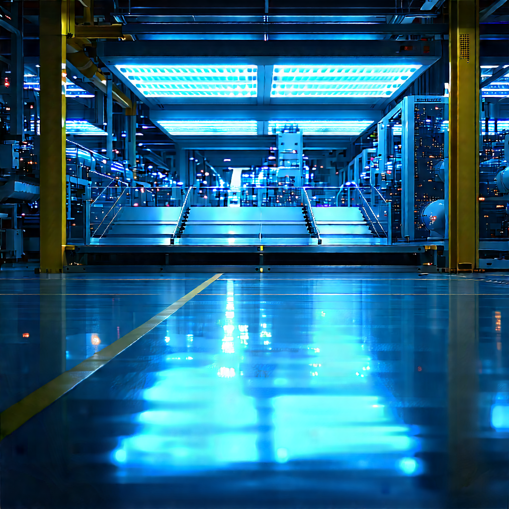 Entertainment Technology In Manufacturing Facility With Large, Blue-lit