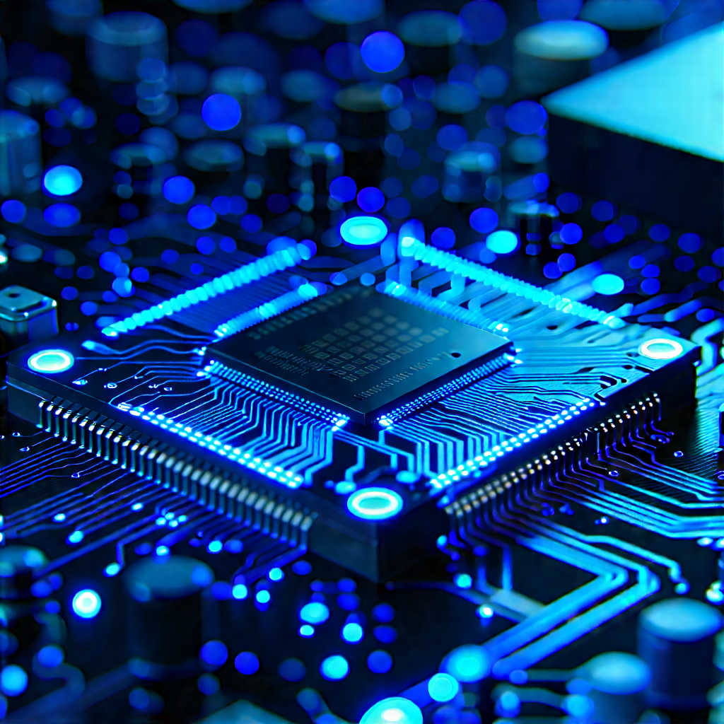 Circuit Board With Blue Light Glow With Close-up Computer
