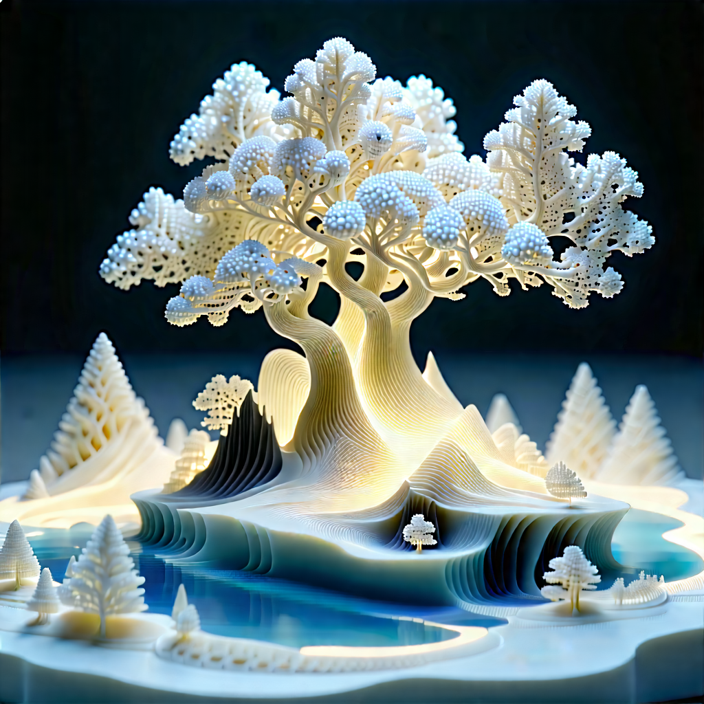3d Printer With Data Streams With White Tree