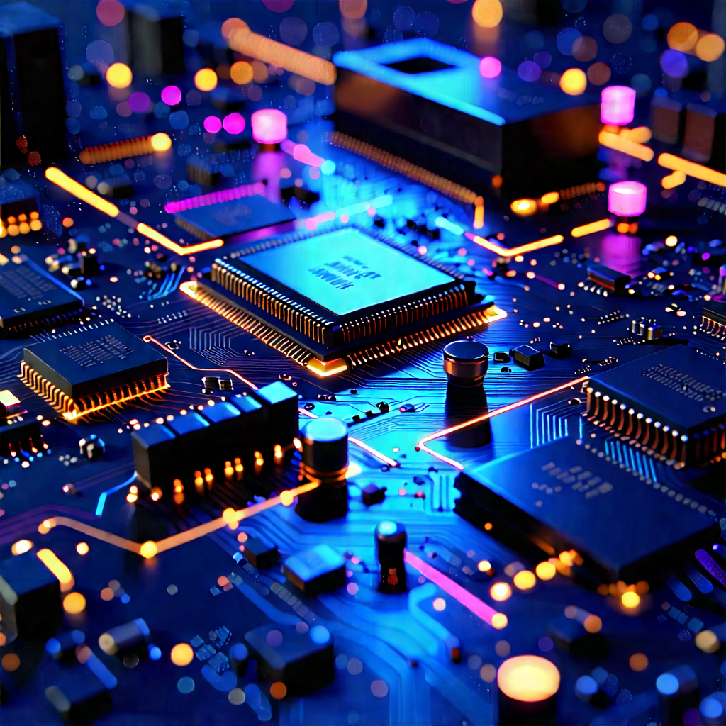 Circuit Board With Neon Accents With Close-up Computer