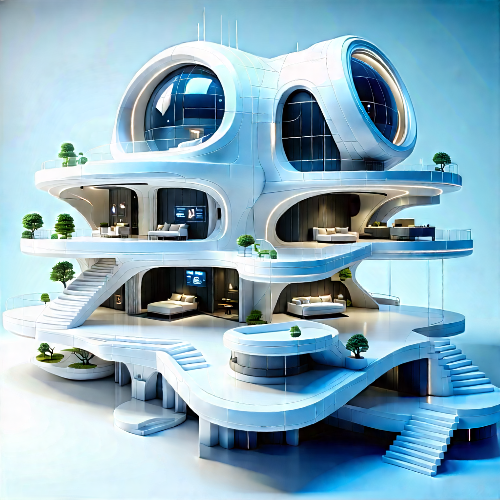 (futuristic:1.41) Smart Home With Large, White,