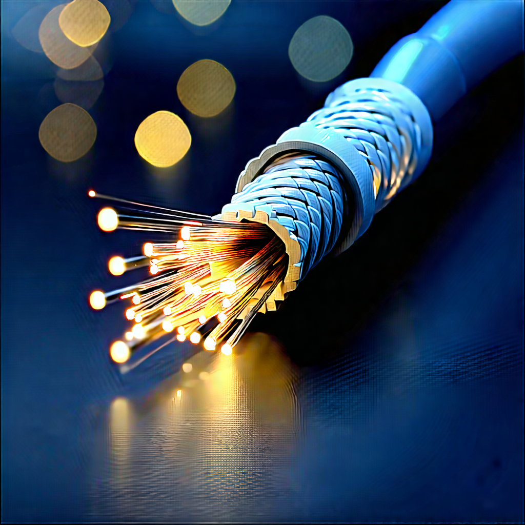 Close-up Of Fiber Optic Cables With Blue Wire