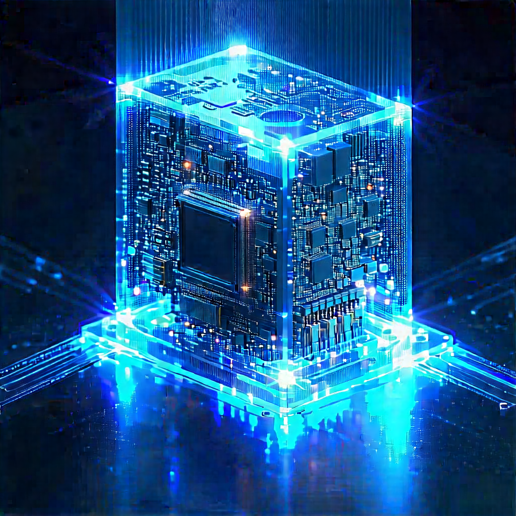 Quantum Computer With Holographic Projection With Blue, Three-dimensional