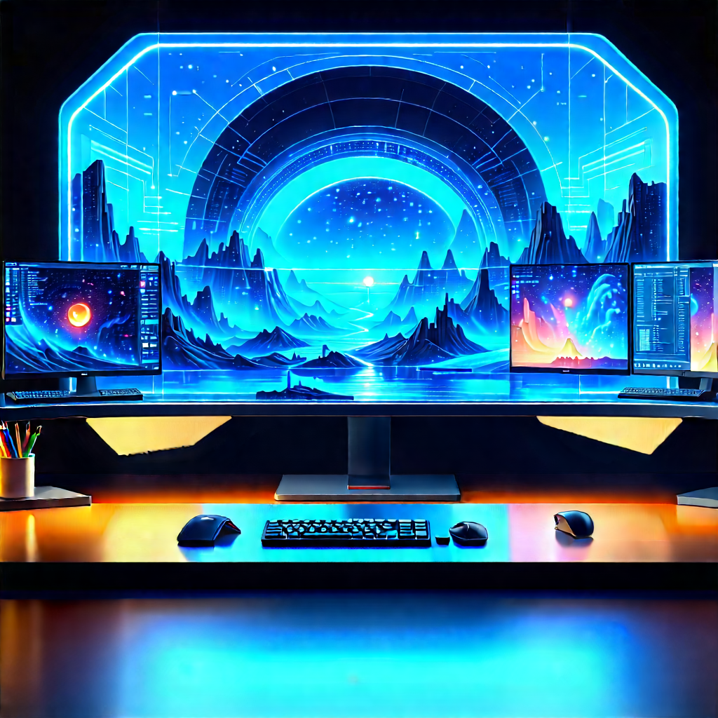 Futuristic Digital Workspace With Image, There