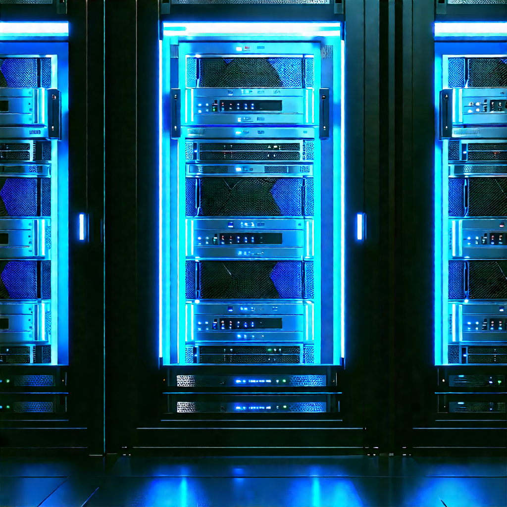 Server rack with blue light glow