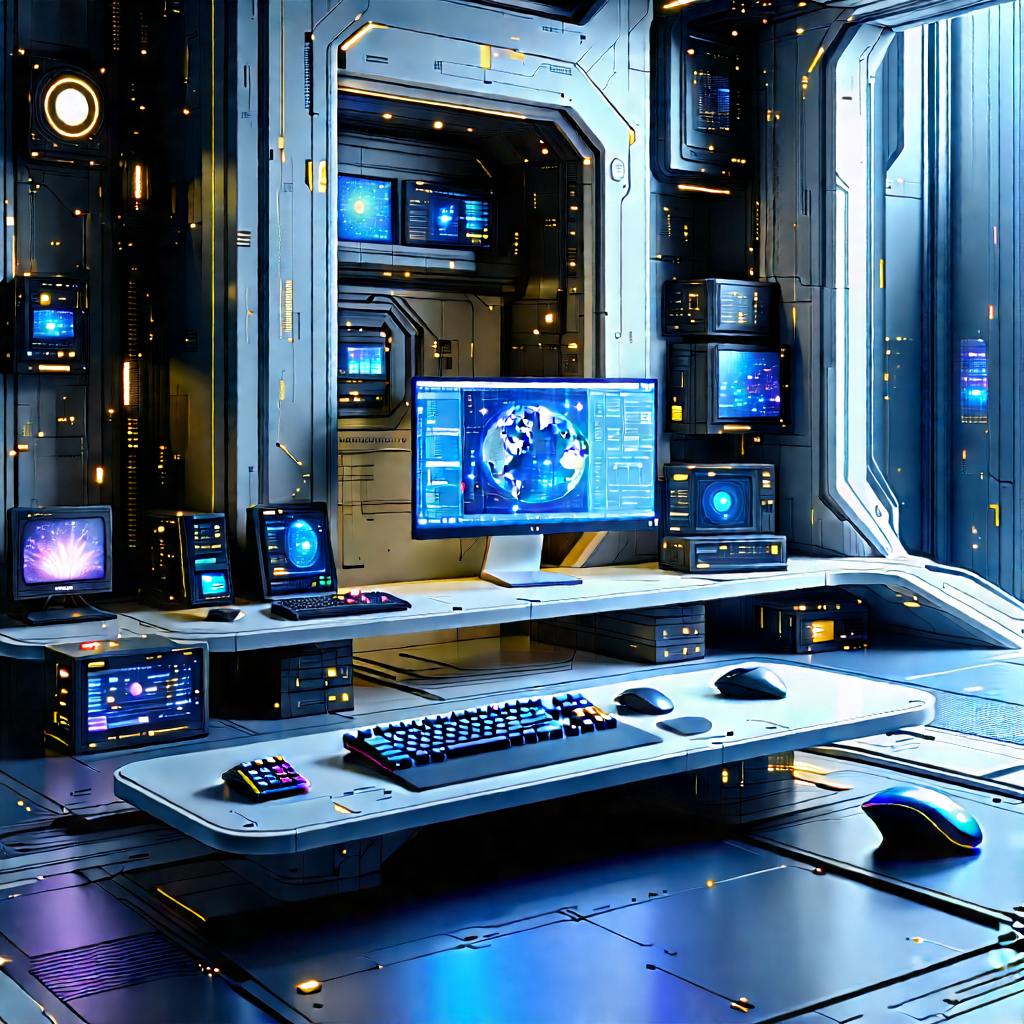 Futuristic (digital:1.22) Workspace With Image, There