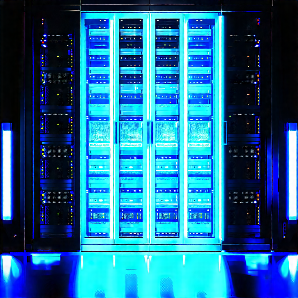 Server Rack With Blue Light Glow With Large Blue
