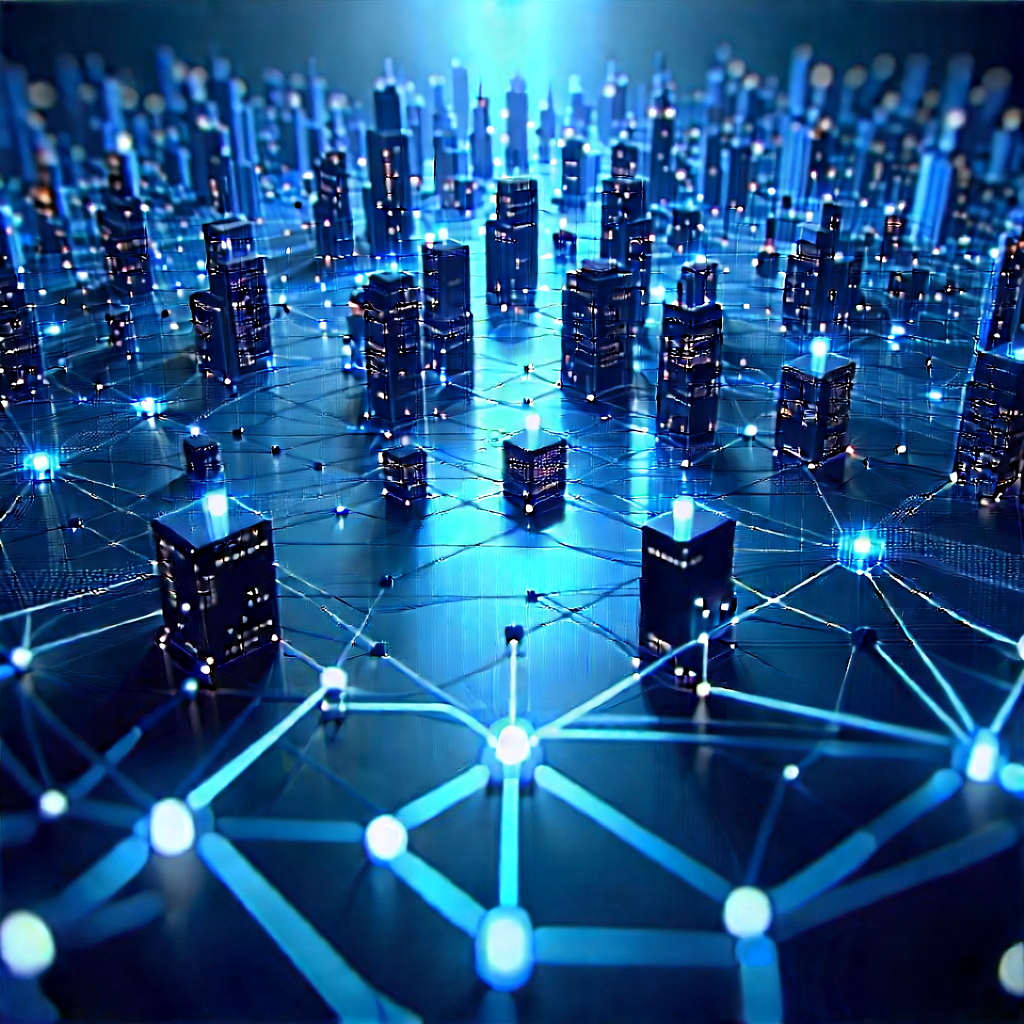 Blockchain Network Visualization With Futuristic Cityscape