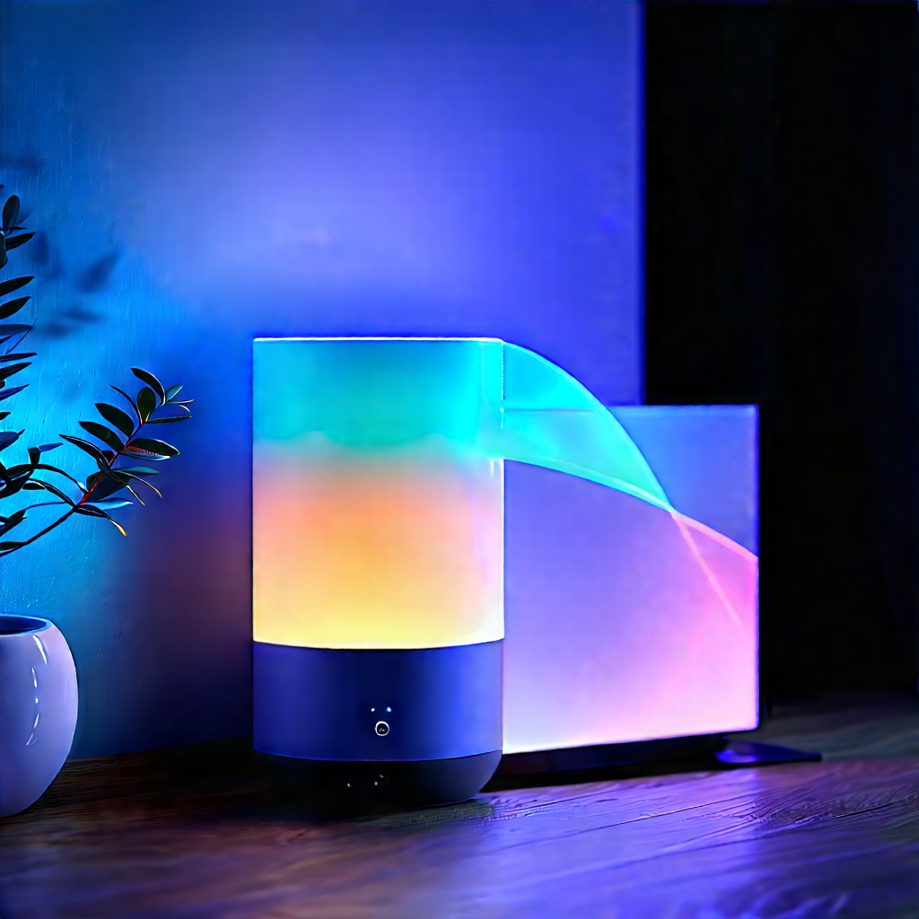 Smart Home Device With Glowing Screen With Room Blue