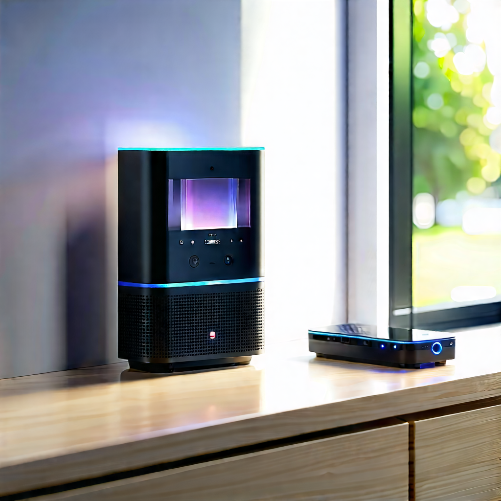 Smart Home Device With Streaming Content With Wooden Table
