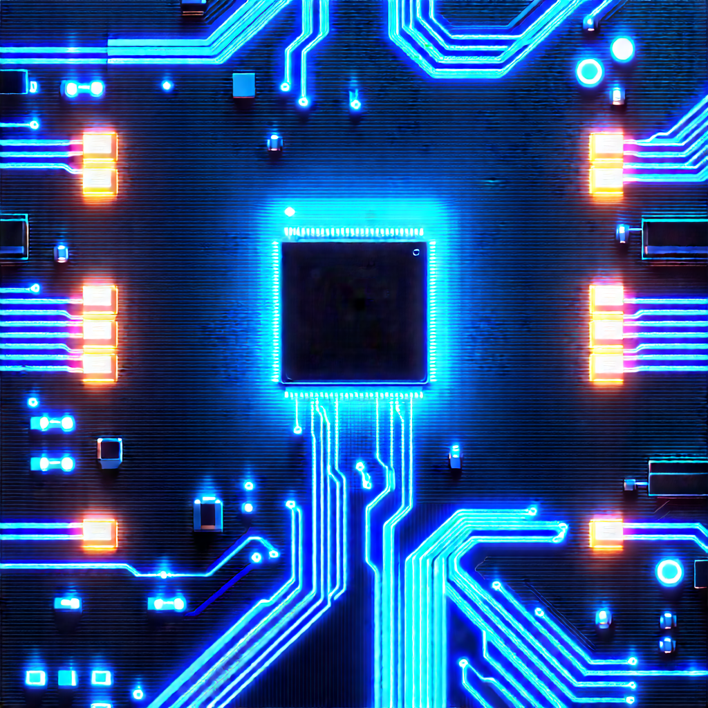 Circuit board with blue light (glow:1.38)