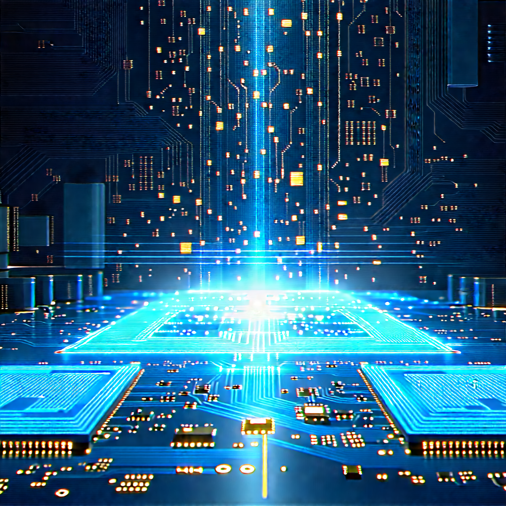 Circuit Board With Holographic Projection With Futuristic, Computer-generated