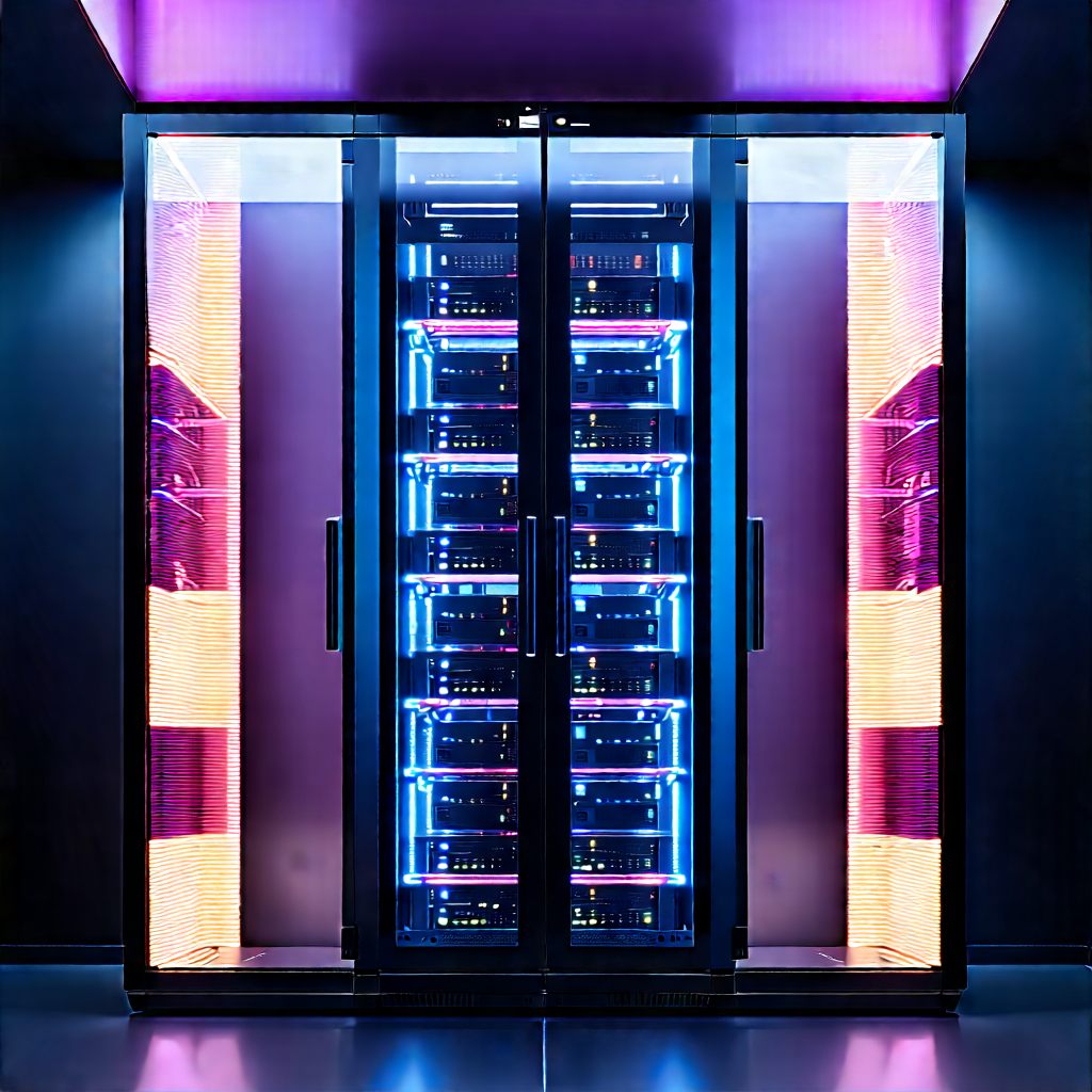 Server Rack With Neon Accents With Large, Multi-layered