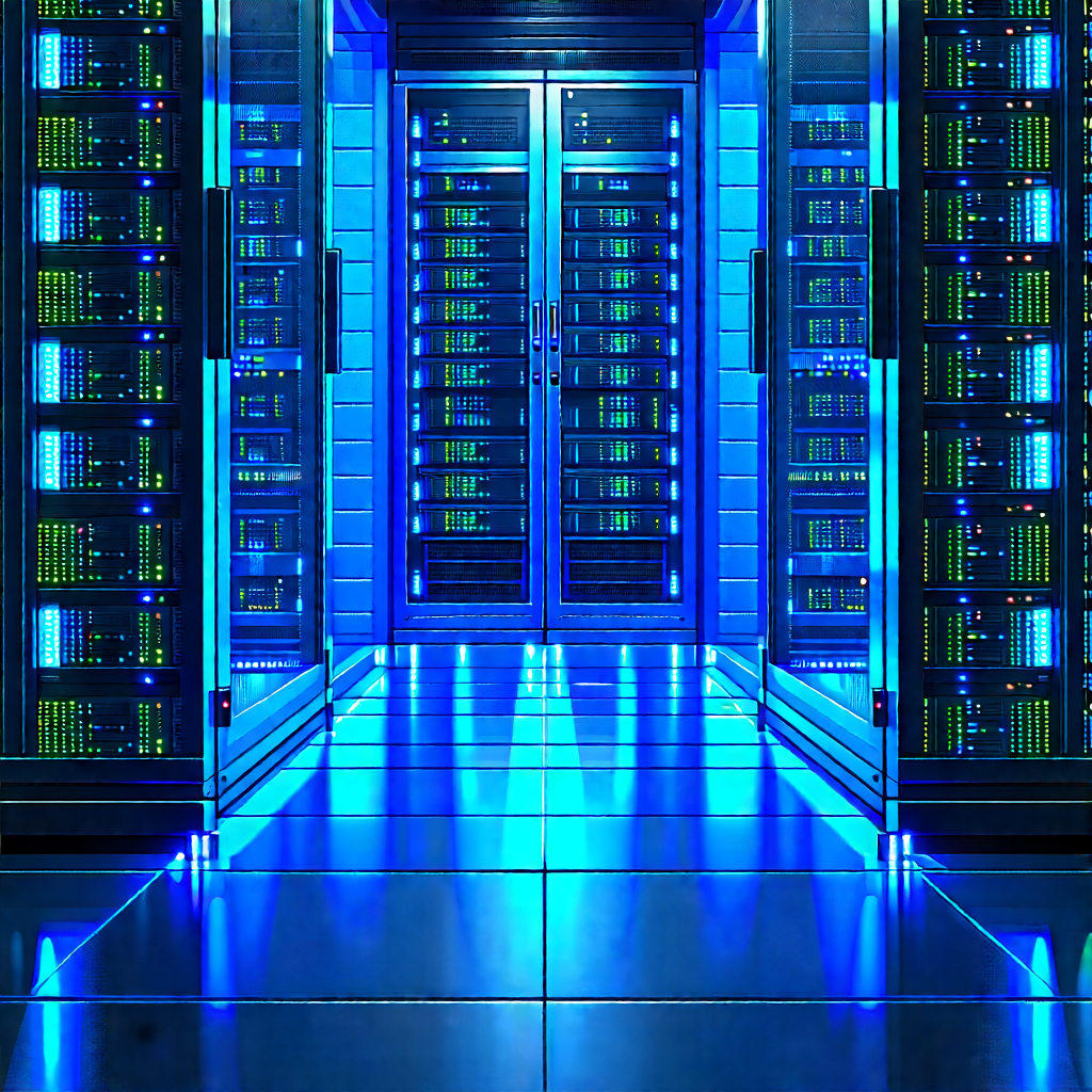 Server Rack With Blue Light Glow With Large Blue