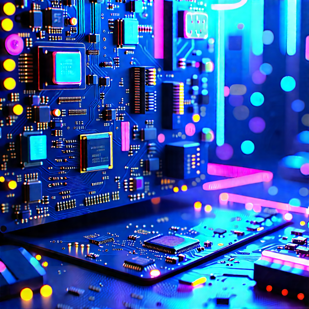 Circuit Board With Neon Accents With Close-up Computer
