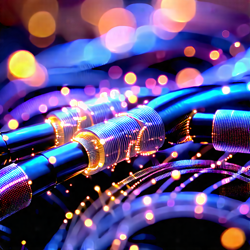 Close-up Of Fiber Optic Cables With Blue Wire