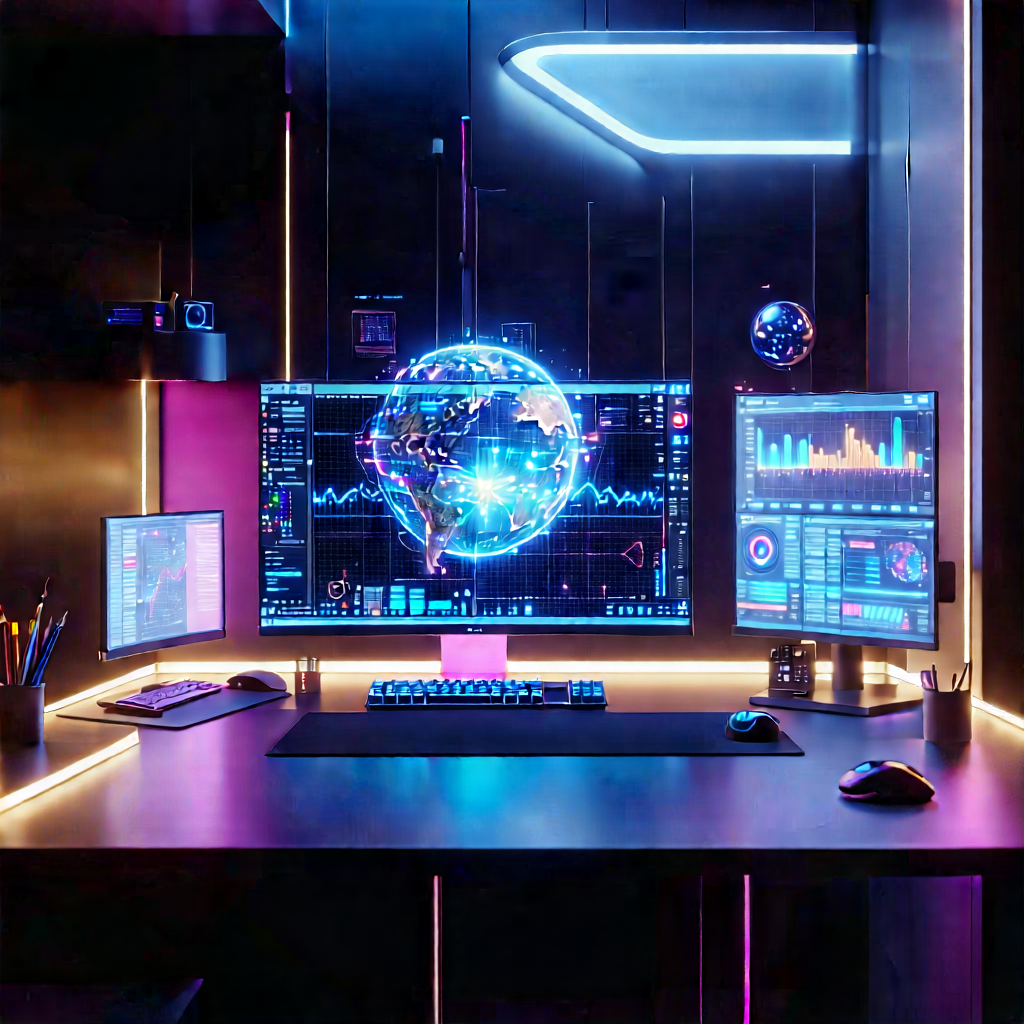 Futuristic Digital Workspace With Image, There