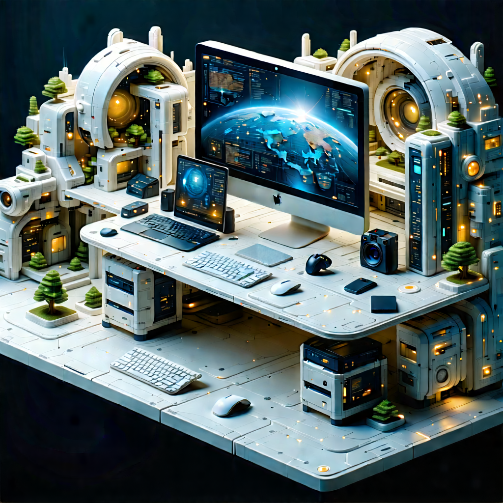 Futuristic Digital Workspace With White Desk