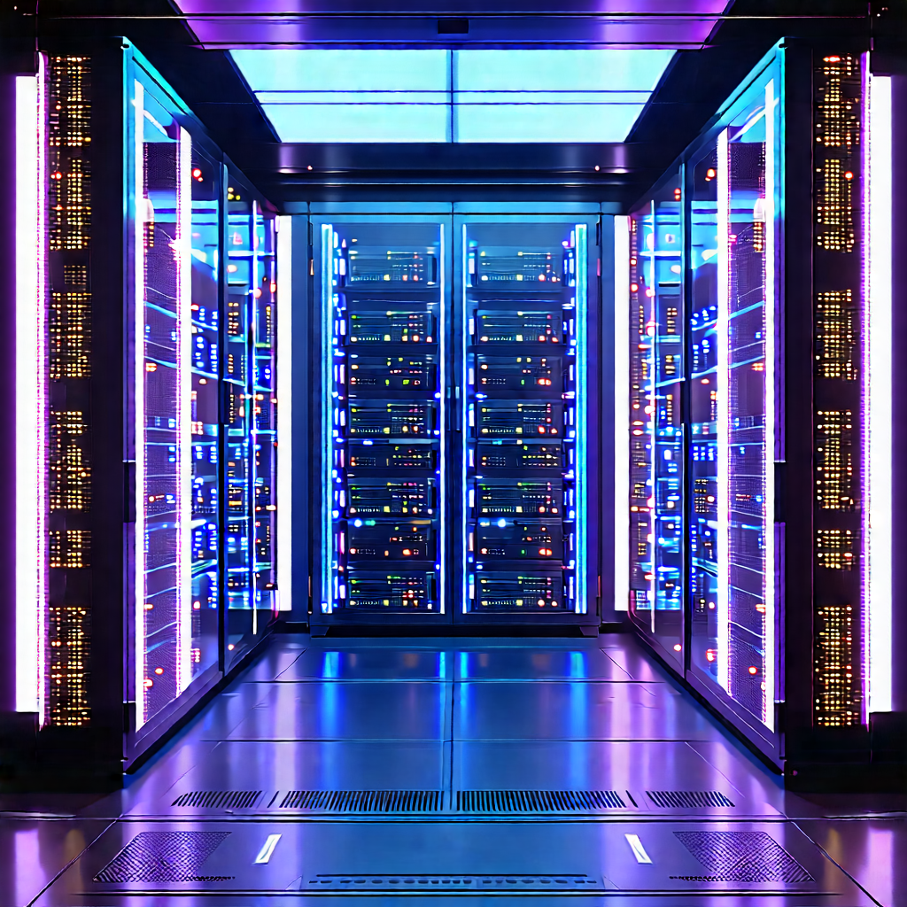 Server Rack With Holographic Projection With Large, Blue-lit