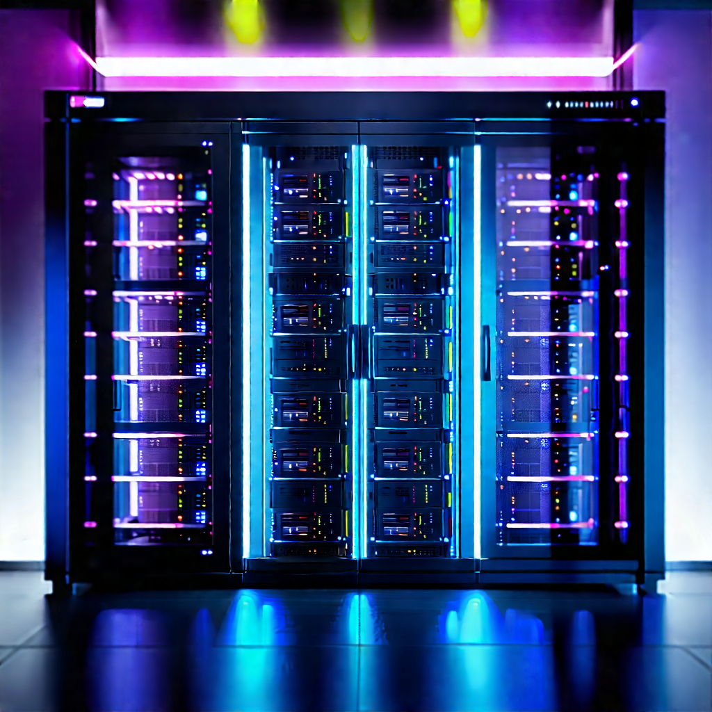 Server Rack With Neon Accents With Large Computer