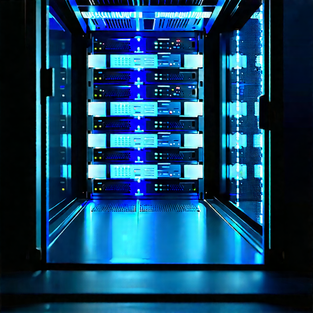 Server Rack With Blue Light (glow:1.13) With Large Computer
