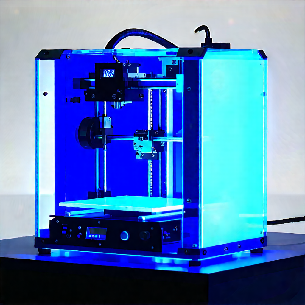 3d printer with blue light glow