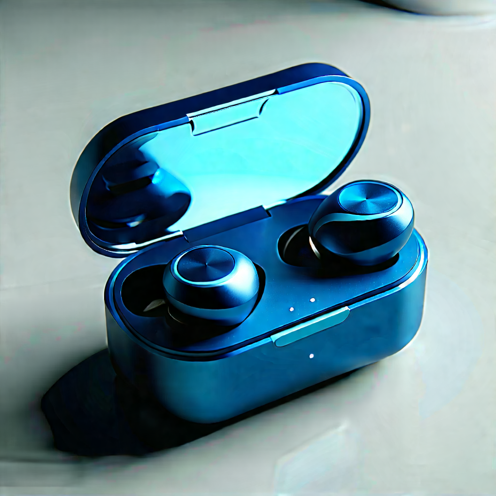 Wireless Earbuds With User Interface With Blue Case