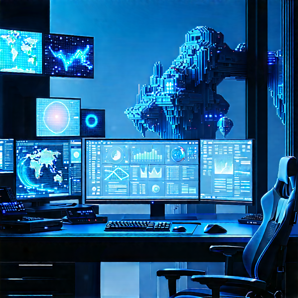 Futuristic Digital Workspace With Computer Desk