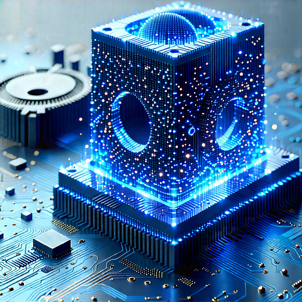 Quantum Computer With Digital Particles With Blue, Glowing