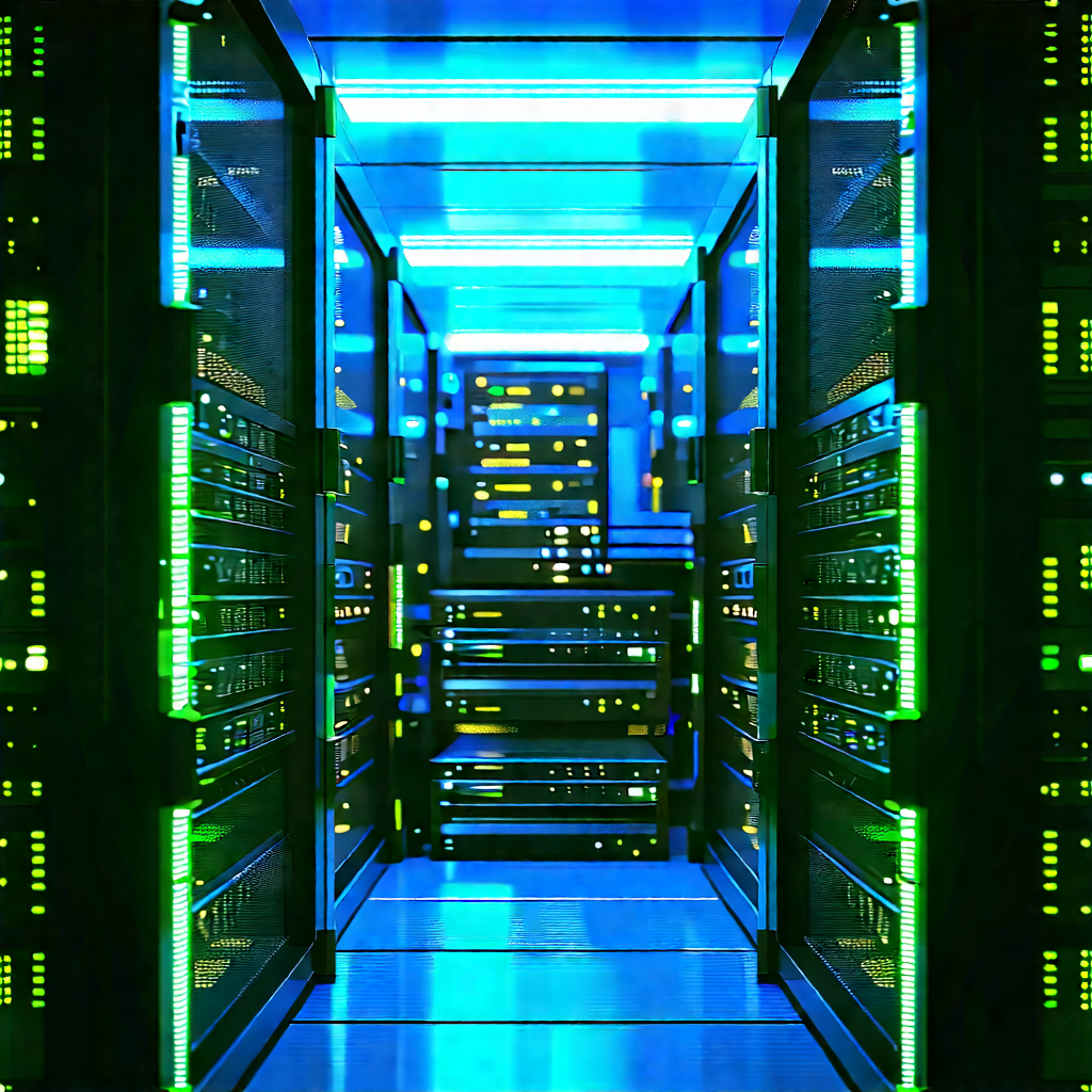 Server rack with blue light glow