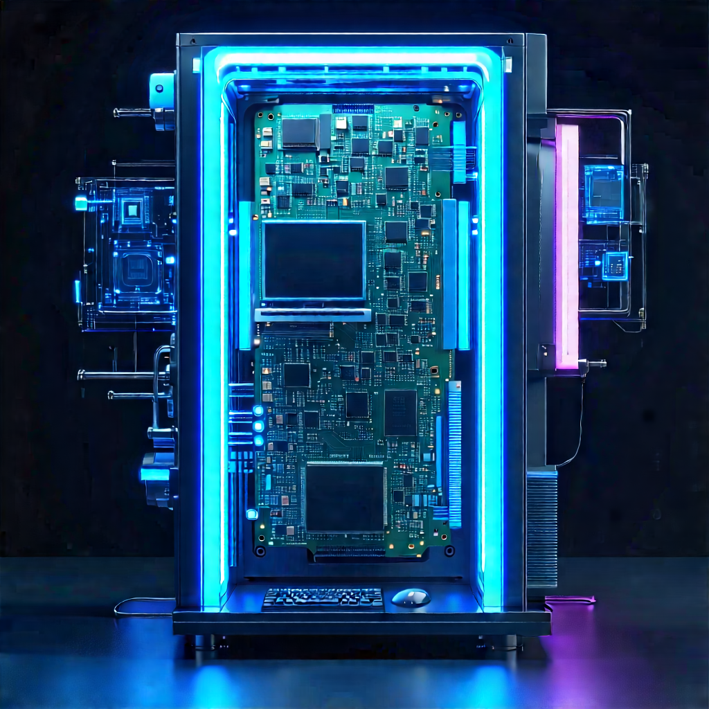 Quantum Computer With Neon Accents With Large, Blue,