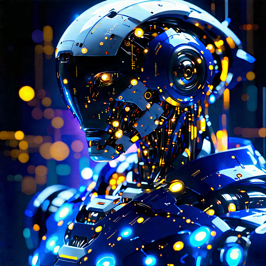 Robot With Data Streams With Futuristic Robot