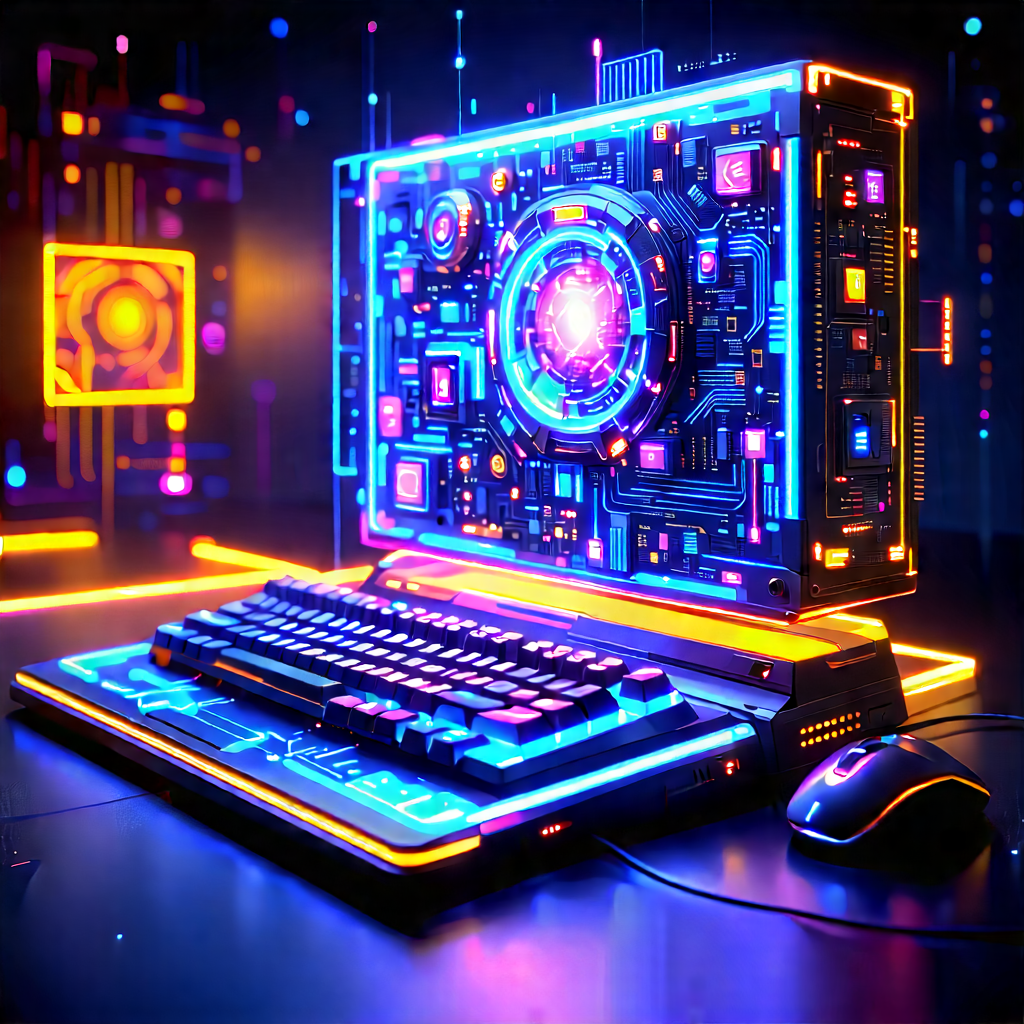 Quantum Computer With Neon Accents With Computer Keyboard
