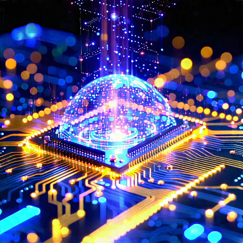 Quantum Computer With Data Streams With Futuristic Cityscape