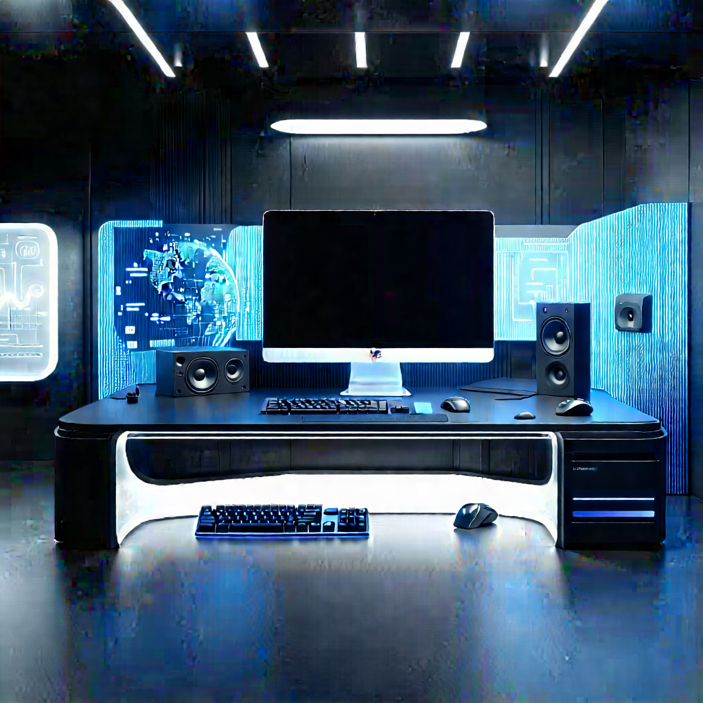 (futuristic:1.33) (digital:1.47) Workspace With Computer Desk