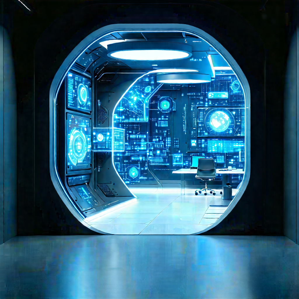 (futuristic:1.19) tech startup office