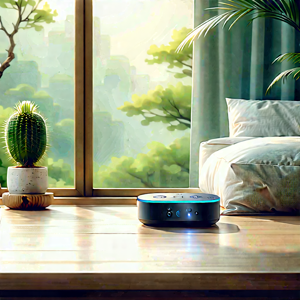 Smart Home Device With Digital Artwork With Wooden Table