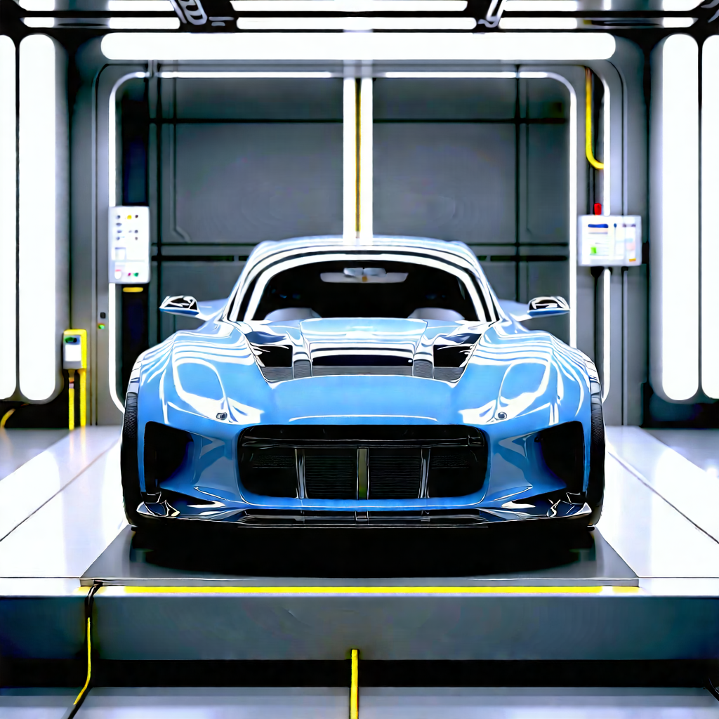 Automotive Technology In Manufacturing Facility With Blue Sports