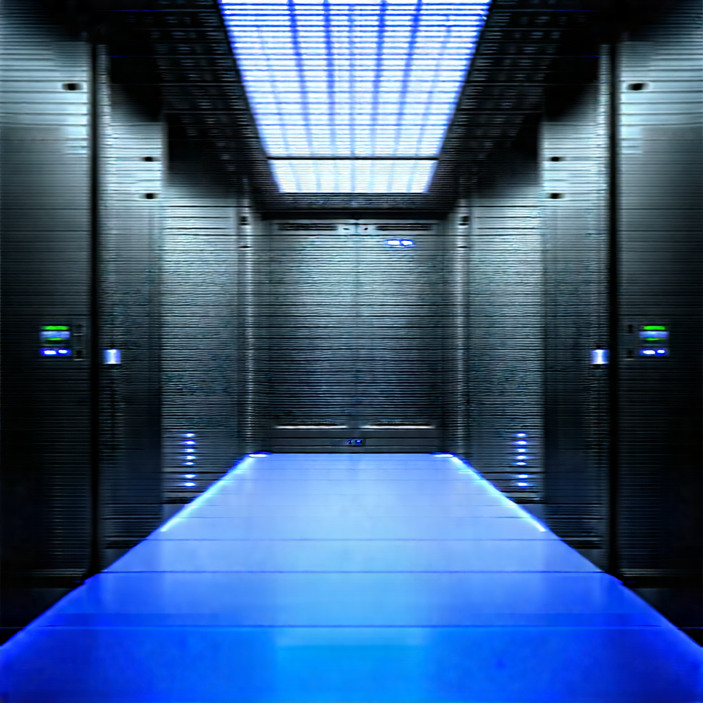 Futuristic Server Room With Large, Blue-lit