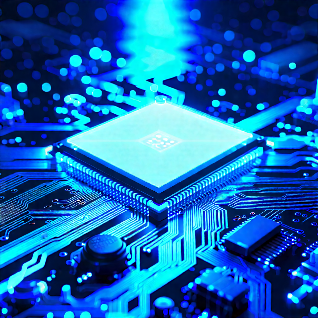 Circuit board with blue light glow
