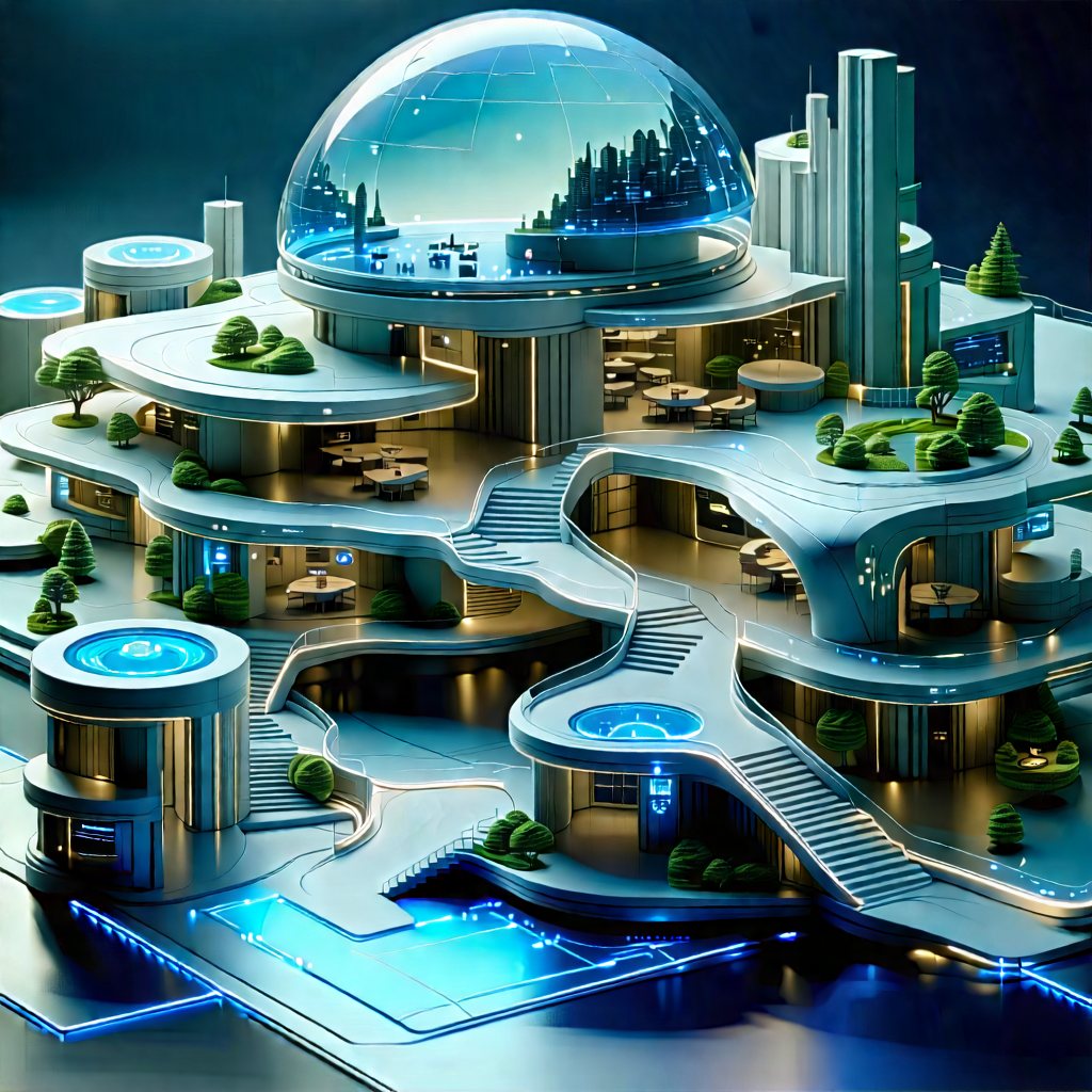 Futuristic (digital:1.18) Workspace With Futuristic City