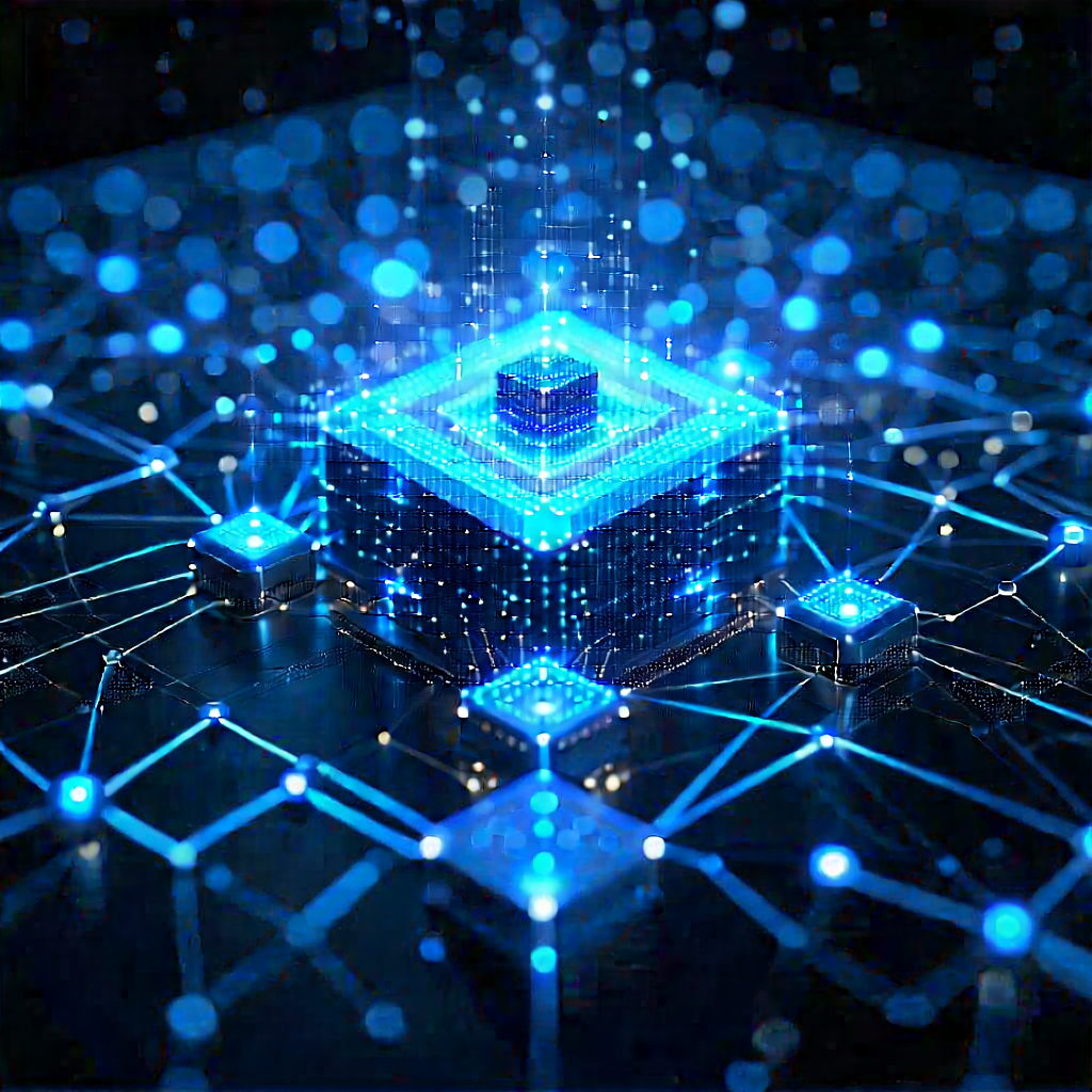 Blockchain Network Visualization With Blue, Three-dimensional