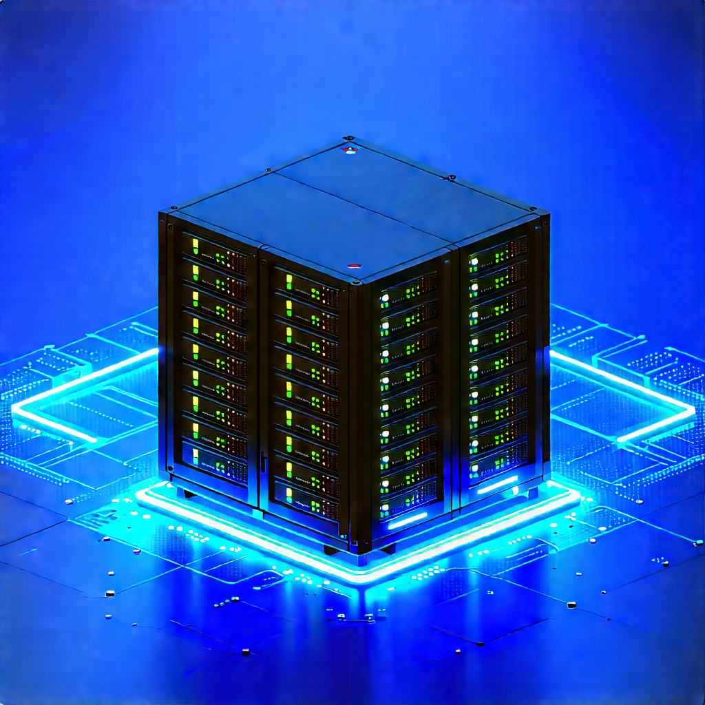 Server rack with blue light glow