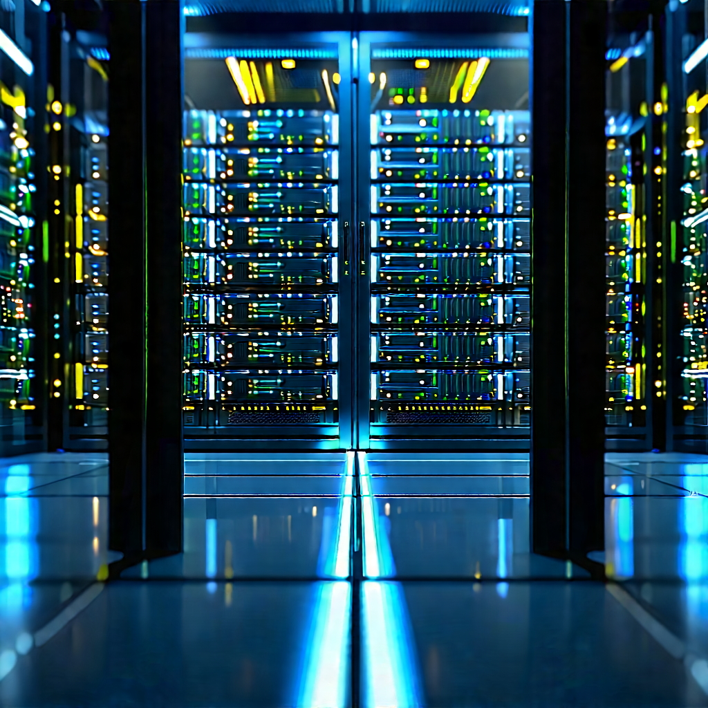 Server Rack With Data Streams With Large, Blue-lit