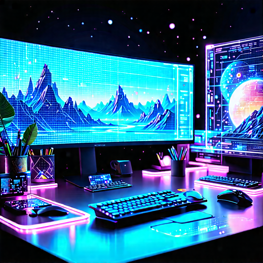 Futuristic Digital Workspace With Computer Desk