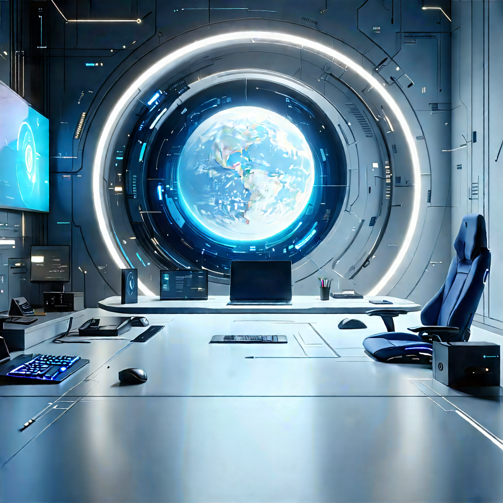 (futuristic:1.27) Tech Startup Office With Futuristic Setting,