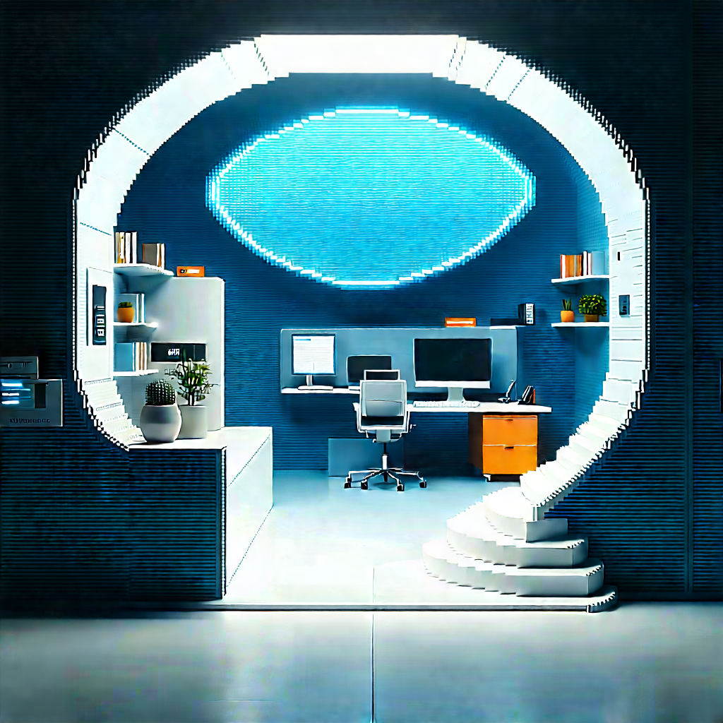 (futuristic:1.23) tech startup office