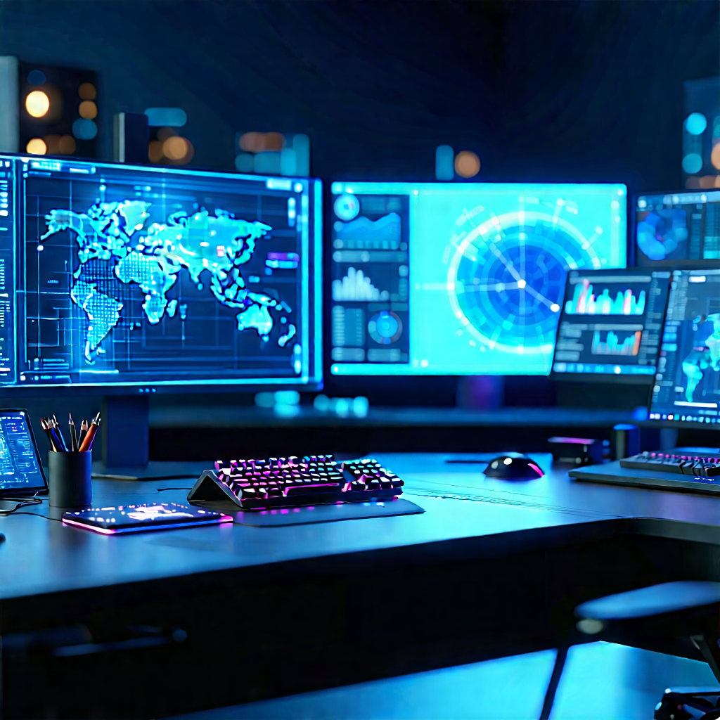 Futuristic Digital Workspace With Image, There
